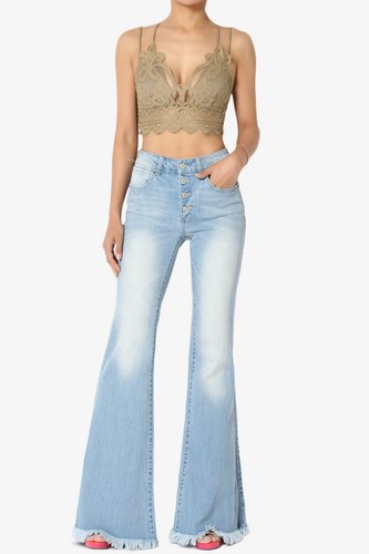 TheMogan Retro 70S Button Fly Mid Rise 5 Pocket Stretch Denim Fray Flare Jeans - Picture 8 of 20