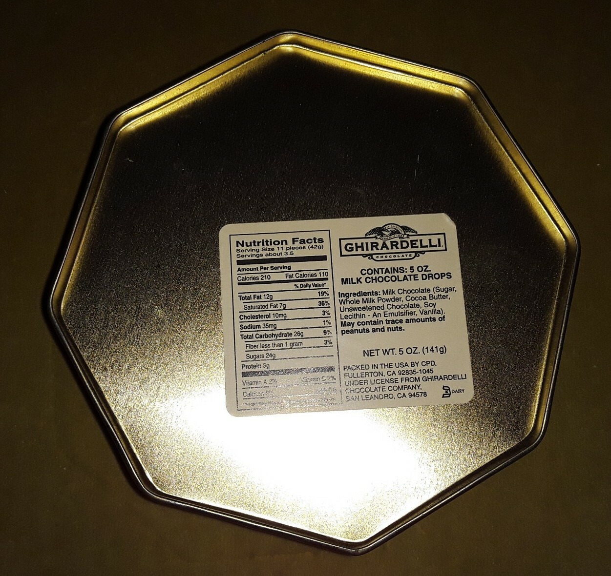 Ghiradelli Chocolate Tin, Octagonal, Navy/Gold, Approx. Approx 5" 