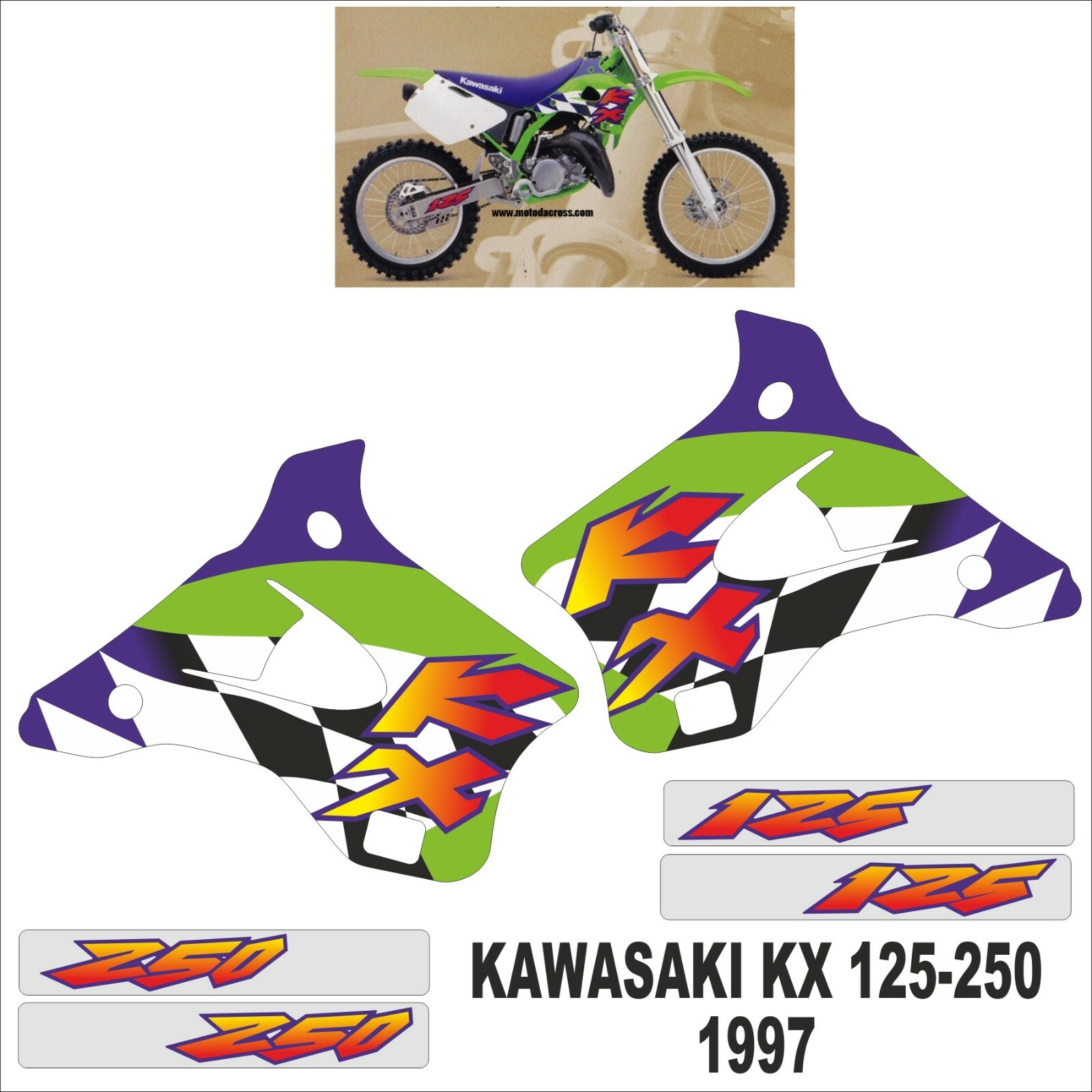 Kit grafica KAWASAKI KX 125-250 1997 replica originale+cilindrata sul forcellone