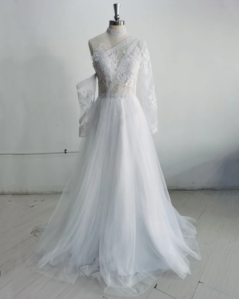 Elegante Vestido de Novia Bohemio Manga Larga Apliques de Punto Blanco Encaje Vestidos de Novia Foto 4 de 4