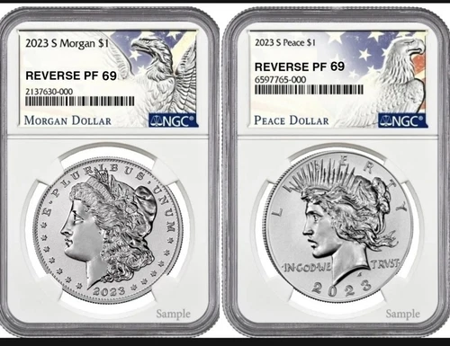 2023-S MORGAN & PEACE DOLLAR  REVERSE PROOF SET, 2 Coin NGC PF69 (( ))