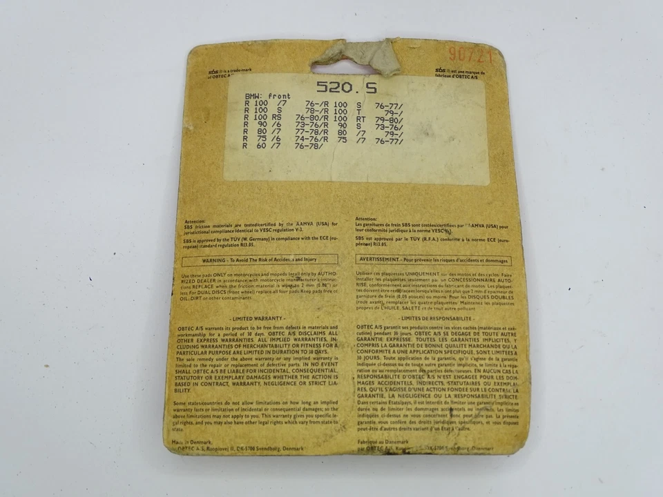 Nuevo de Lote Antiguo Pastillas de Freno SBS 520HF BMW R100 R90 R80 R75 R60 Foto 2 de 3