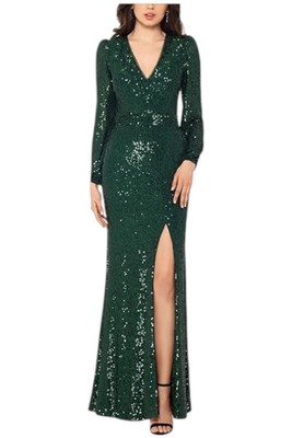 Size 4 Xscape Long Sleeve Long V-Neck Sequin Gown Hunter Green