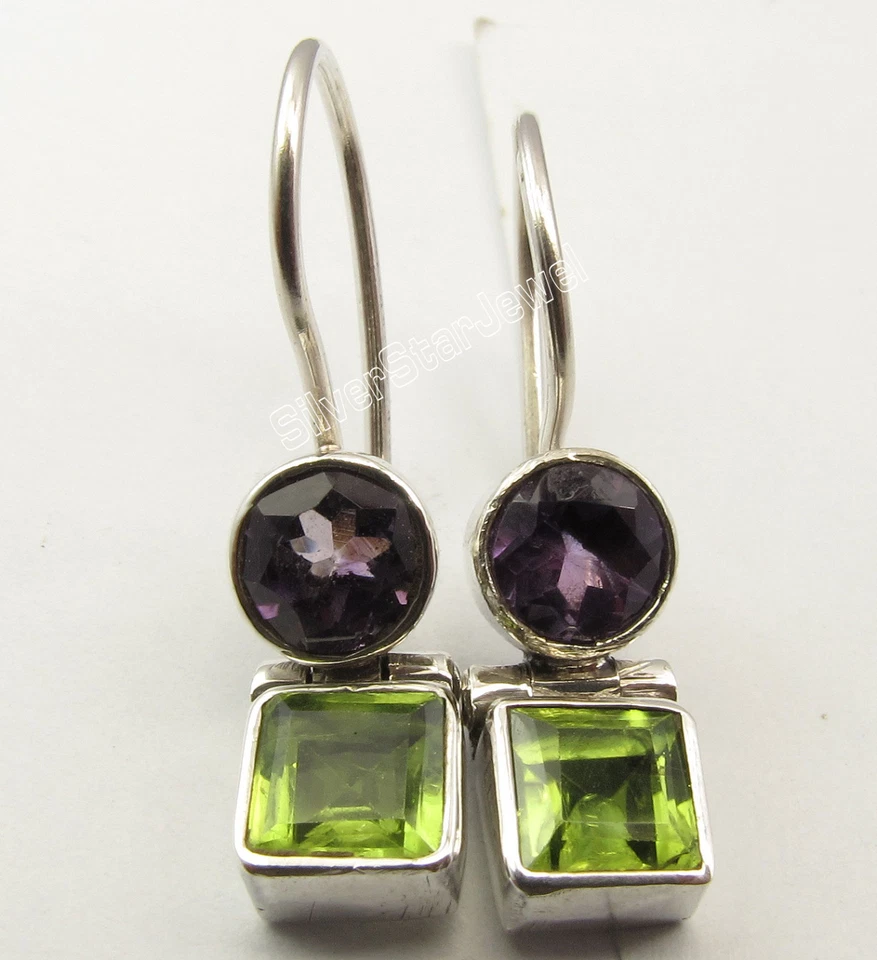 BEST OFFER | 925 Silver Genuine AMETHYST & PERIDOT Earrings 1 inches GEMSTONE - Image 2 of 3