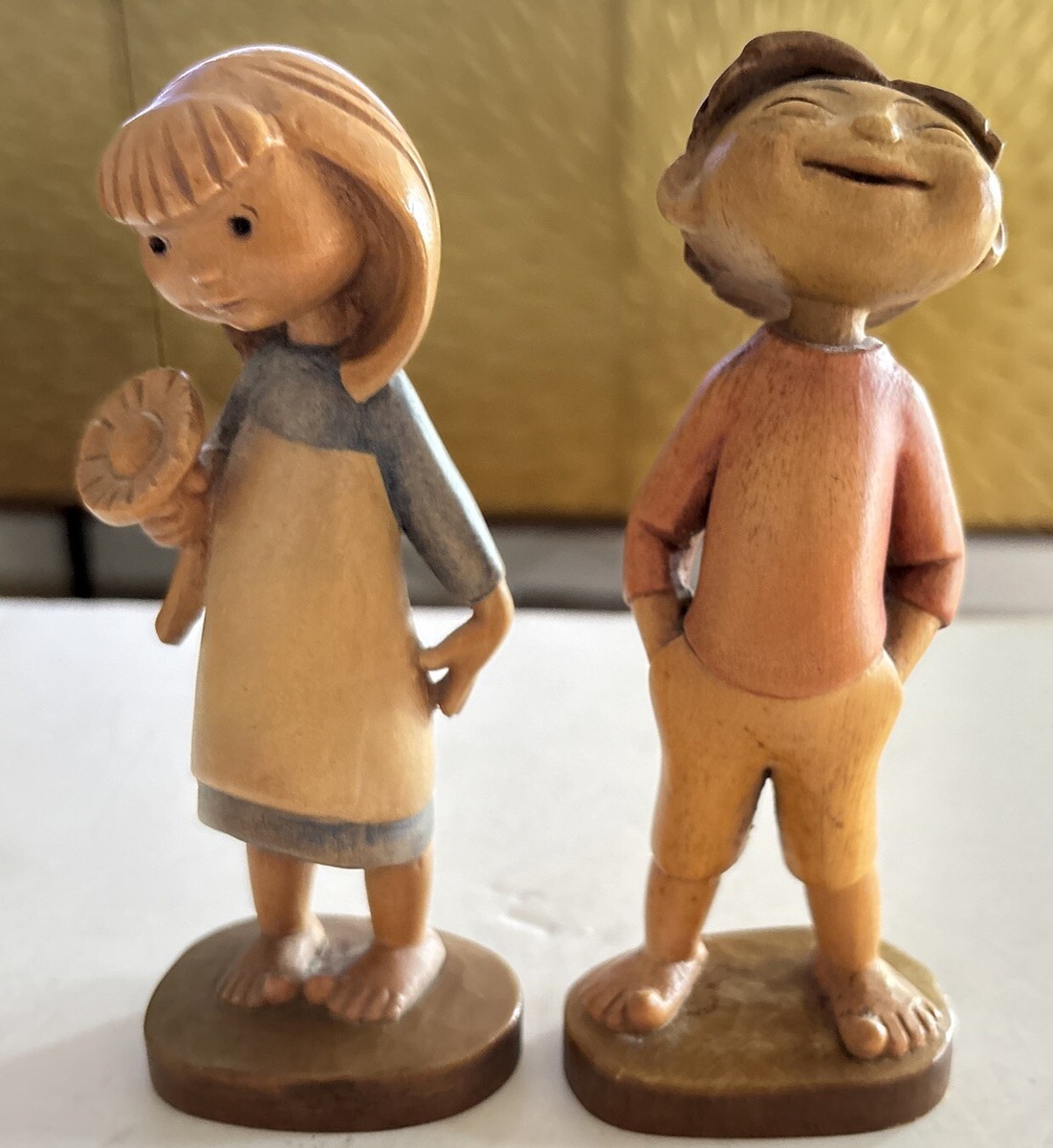 アンリ 木彫人形 Girl with Flower HAFNER 2 Pc Vintage Anri Carved Wood Happy Children Boy Girl Figurine