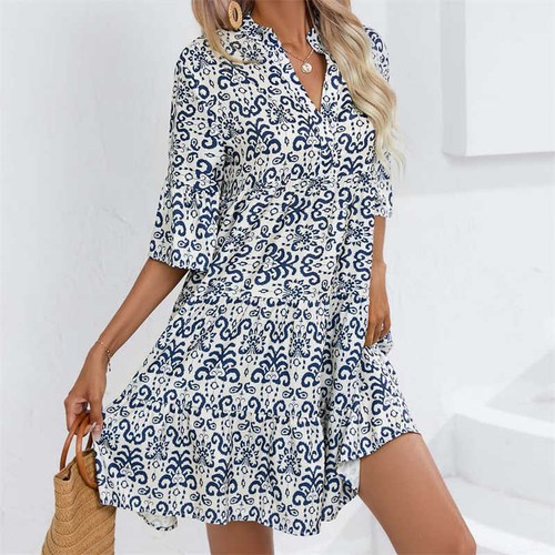 Casual Short Dress Summer Loose V-neck Skirt Half Sleeved Print Women's Clothing - Bild 23 von 28