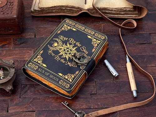 Handmade Celestial Triple Moon & Pentagram Leather Spell Diary For Unisex Adult - Picture 3 of 10