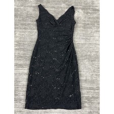Lauren Ralph Lauren Dress Womens 6 Black Lace Sequin Ruched V-Neck Sheath Formal