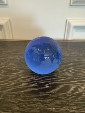 Vtg Art Glass World Globe Paperweight Frosted Etched Blue Glass