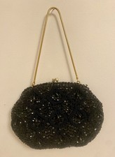 Vintage Richere Black Beaded Sequined Evening Bag Purse Satin Interior Hong Kong