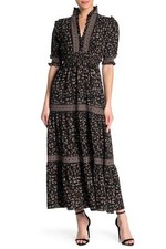 High Collar Black floral Maxi Dress Max Studio dark Cottagecore