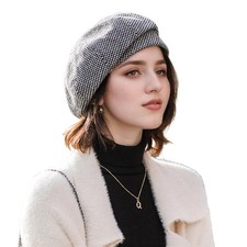 Women Retro Houndstooth Beret Hat Newsboy Cap Winter Knitted Wool French