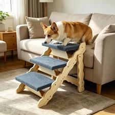 3-Step Wooden Pet Stairs for Dogs 150 lbs 2in1 Folded Dog Steps, for Bed or Sofa