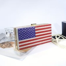 NEW Gorgeous Faux Diamond Ruby 4th of July Flag USA Flag Purse Metal Clutch