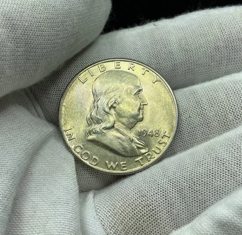 1948 P Franklin Silver Half Dollar Coin 90% Silver First Year of Issue Unc C444