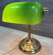 Vintage Bankers Desk Lamp Brass Green Glass Brass Pull Chain Dazor 9400 UL