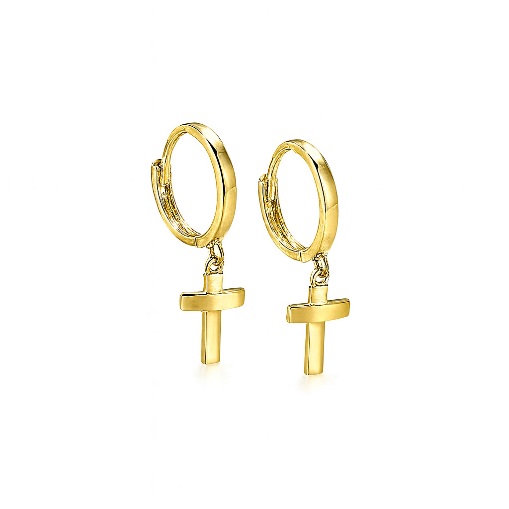 14k Yellow/White Gold Cross Dangle Hoop Huggie Earrings