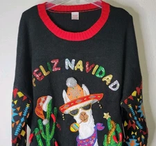 Feliz Navidad Party Animal Ugly Christmas Sweater Llama Hanging Chilies Sz 2XL