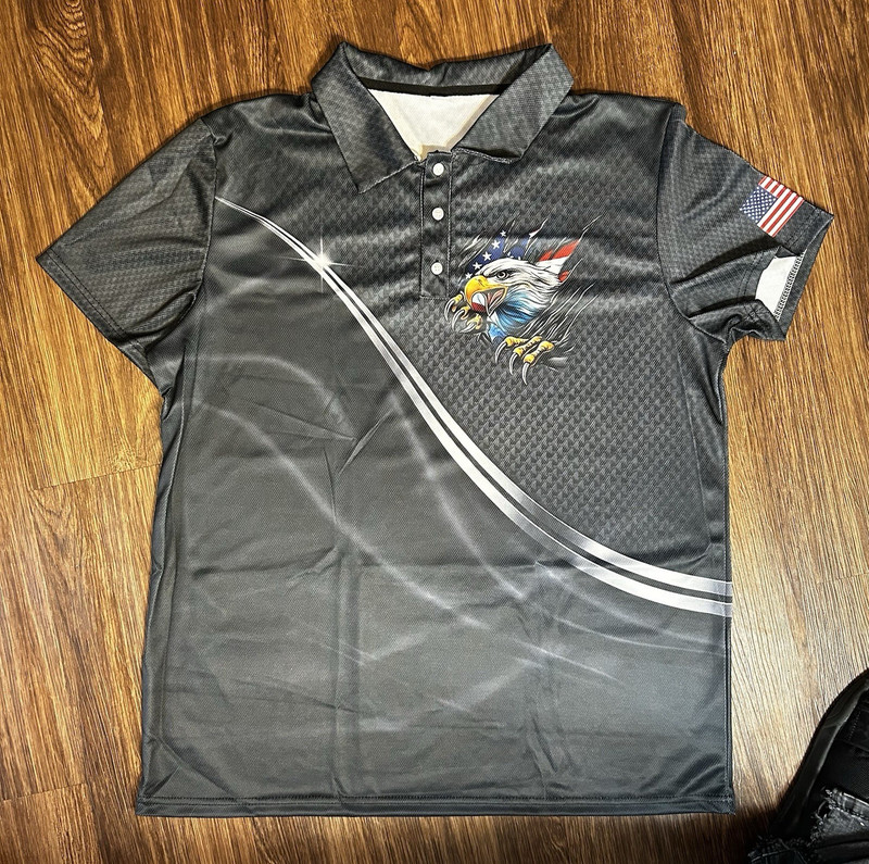 Men's Gray Lightweight Golf Polo Shirt L Eagle Graphic USA Flag Sleeve