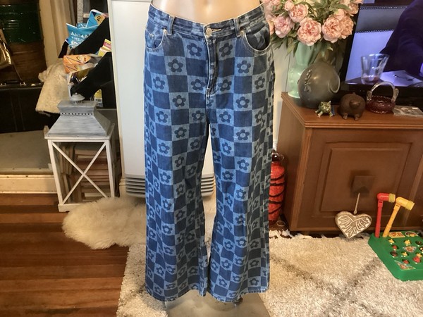 GHANDA women’s Two Tone Blue Denim Jeans Wide Flared Leg Size 12