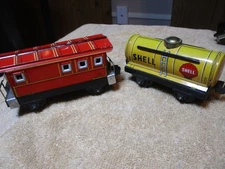 Shell Oil Toy Train Tank Car & Caboose Red Made in Japan Gas Yellow VTG
