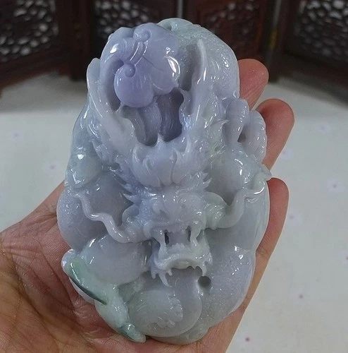 Cert'd Fine Natural Type A Lavender Green Jadeite Jade Big Ruyi Dragon Netsuke