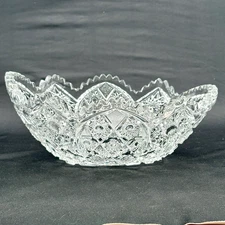 American Brilliant Period Cut Glass Oval Serving Bowl Sawtooth Floral Star 11.5"