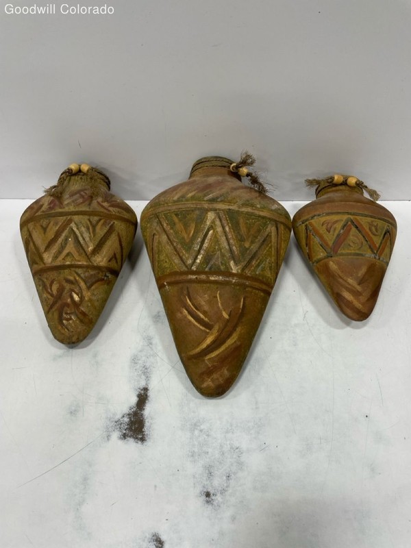 Brown Tribal Pattern Geometric Engraved Decorative Pottery Vessel Set Of 3