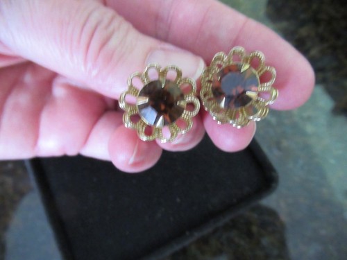 Vintage Sarah Coventry facettierter Bernstein Clip-On Ohrringe Anhänger verstellbar Ring Set - Bild 6 von 7