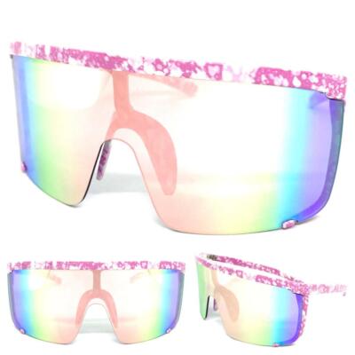Oversized RETRO SPORTY WRAP AROUND Shield SUN GLASSES Huge Big Pink Marble Frame