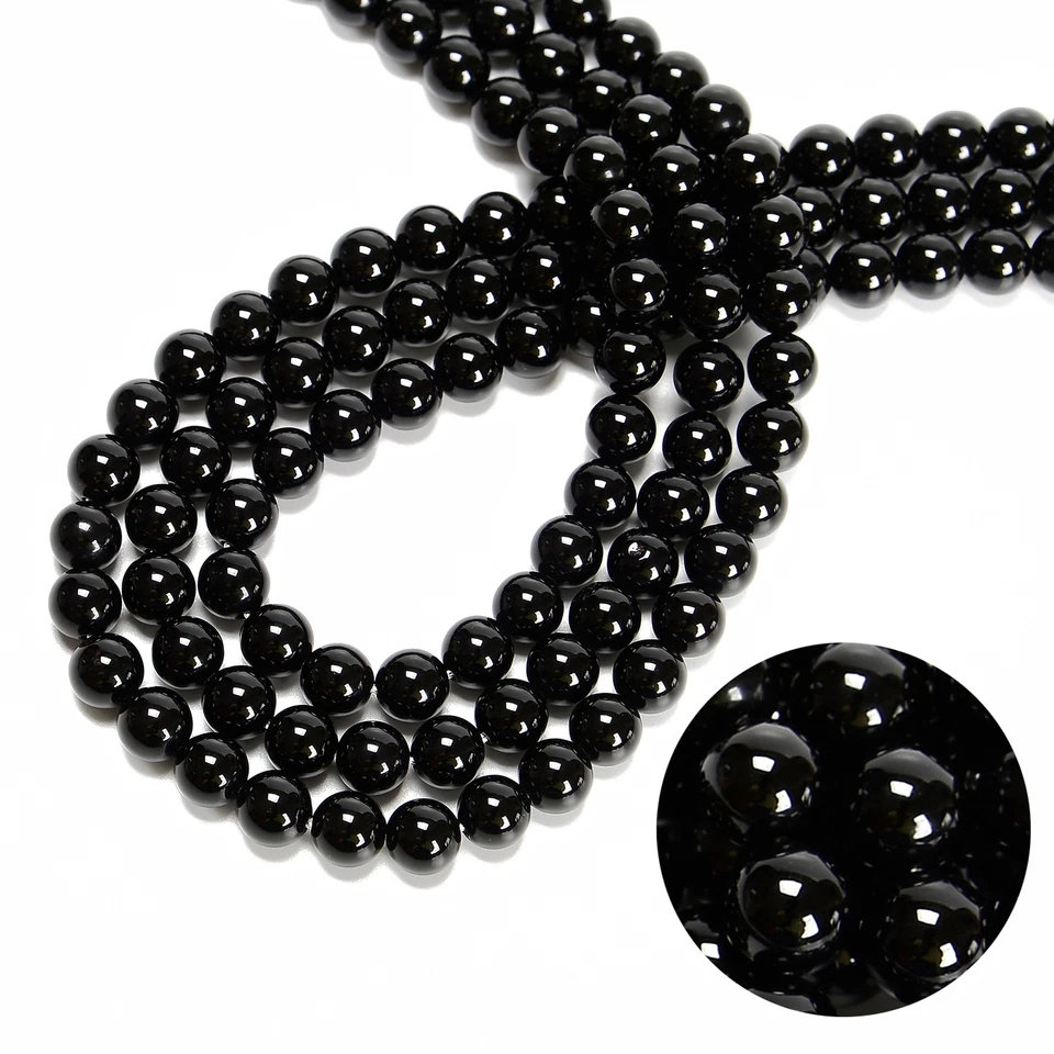 Black Onyx Smooth Round Beads 4mm 6mm 8mm 10mm 12mm 14-20mm 15.5" Strand - Image 2 of 4