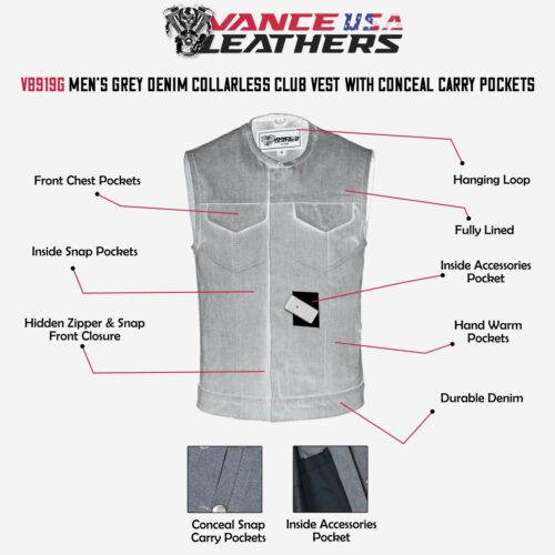Mens Grey Denim Collarless Club Vest with Conceal Carry Pockets - Picture 7 of 9