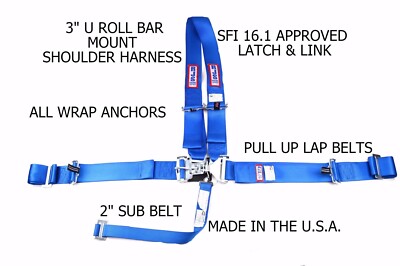 5 POINT ALL WRAP U RACING HARNESS SFI 16.1 LATCH & LINK BLUE PULL UP RJS