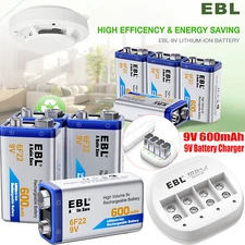 EBL 600mAh 6F22 9V Lithium Battery Rechargeable Batteries / 4Slot Charger LOT