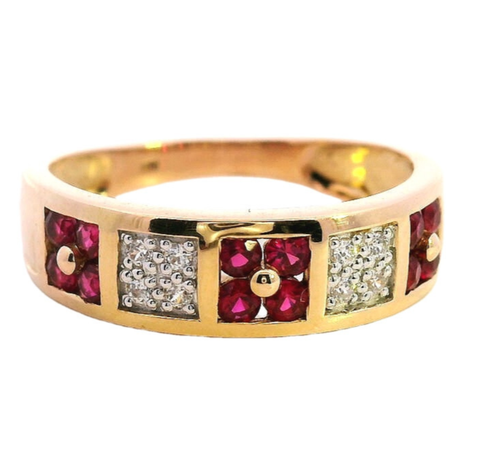 9ct Yellow Gold Ring, Crafted Rubies with Brilliant cut Diamond Accents - Picture 2 of 21