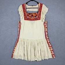 Free People Dress Womens Small Red Beige Embroidered Pleated Drop Waist Boho