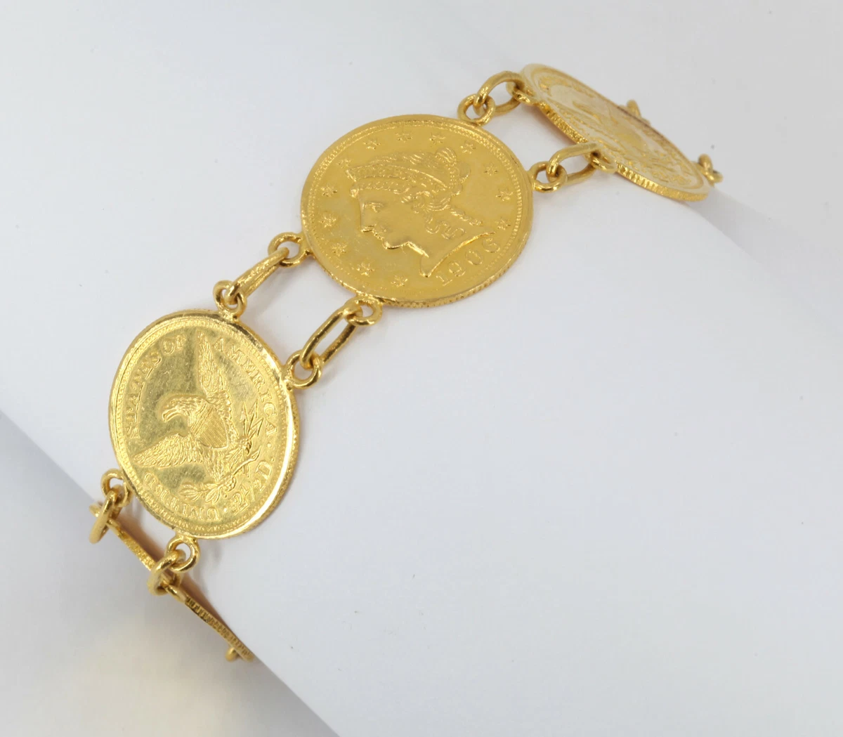 24K Lady s Solid Yellow Gold Eagle Coin Bracelet 30.3 grams 6.5