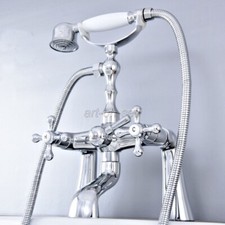 Polished Chrome Brass Deck Mount Clawfoot Bath Tub Faucet Set Handheld Shower