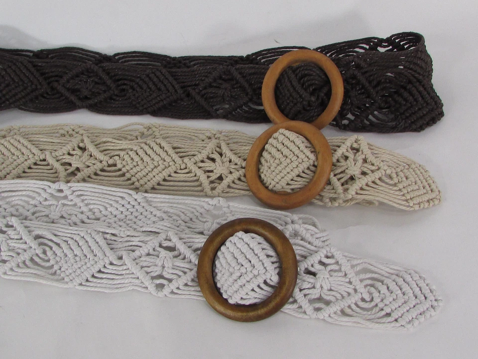 Women Beige White Brown Knited Braided Fabric Fashion Belt Round Wood Buckle S M - Image 2 of 4