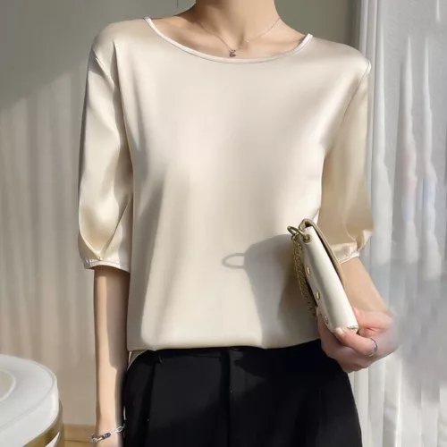 Damen Elegant Satin 3/4 Ärmel Seide Tops Rundhals Bluse T-Shirt Locker Freizeit - Bild 22 von 30