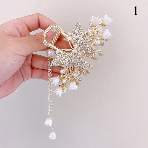 Pinza de pelo con flecos de perlas de metal garra mujeres mariposa accesorios para el cabello decoración elegante - Imagen 13 de 18