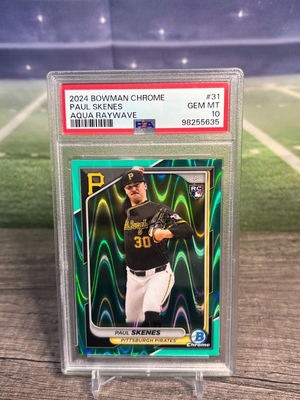 Paul Skenes 2024 Bowman Chrome #31 Aqua Raywave Refractor /199 - Pirates PSA 10