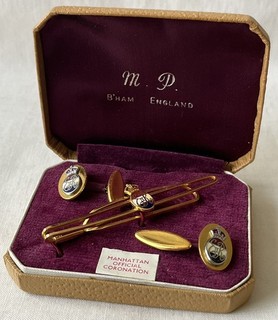 Set Of Gilt Metal/Enamel Queen Elizabeth II 1953 Coronation Cufflinks & Tie Clip