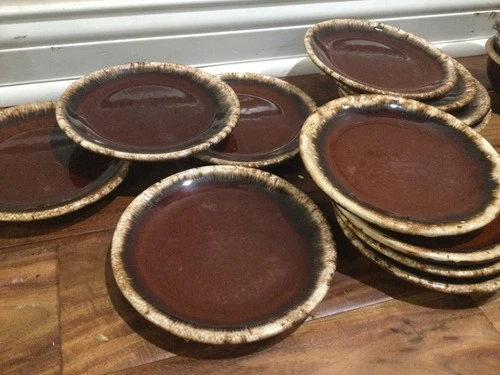 HULL oven proof  Pottery USA Side Plate 6.5" Brown Drip Glaze, Set of 12 WEAR