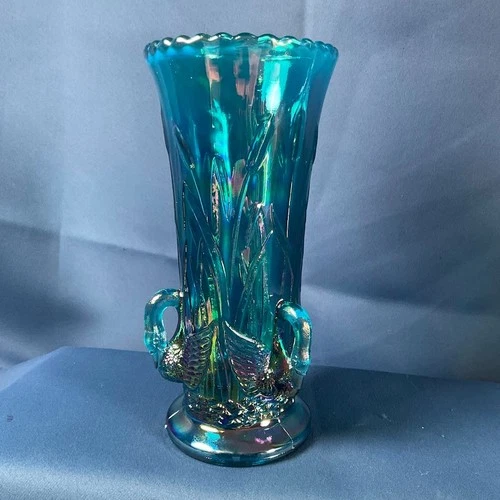 Vintage Fenton Carnival Glass Swan Vase Blue Teal Iridescent Tall Reeds