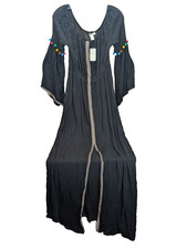 Forever 21 Women's L Black Boho Gypsy Maxi Dress Front Slit Bell Sleeve NWT