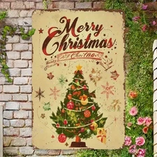 Vintage Merry Christmas Metal Tin Signs Christmas Tree Retro Holiday Wall Decor