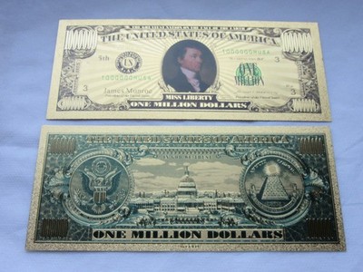 5. Präsident James Monroe 1 Million Dollar Schein 24 K vergoldet+koloriert