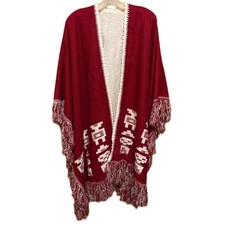 Red Fringed Poncho with Cream Aztec Design