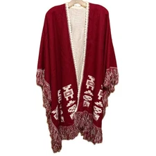 Red Fringed Poncho with Cream Aztec Design